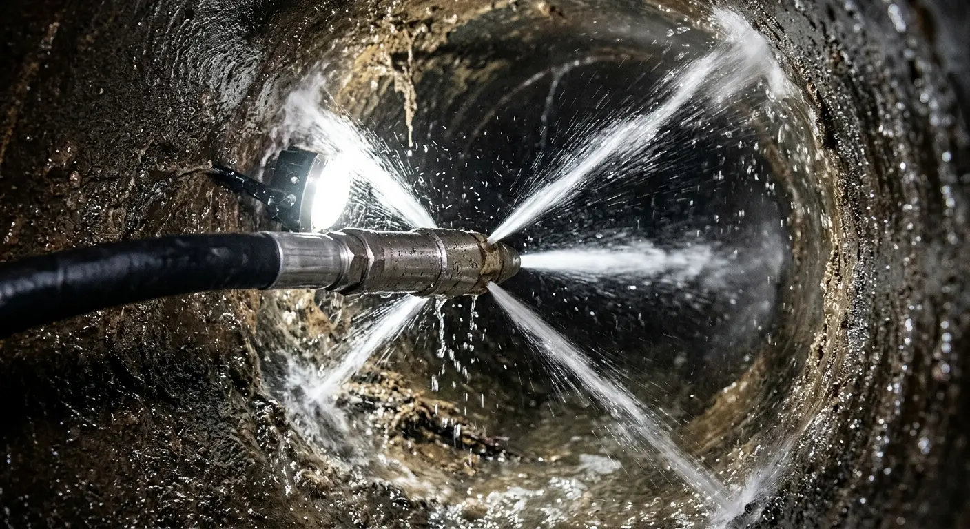 High-pressure hydro jetting nozzle cleaning sewer pipe for Sewer Cleanout in South Bound Brook
