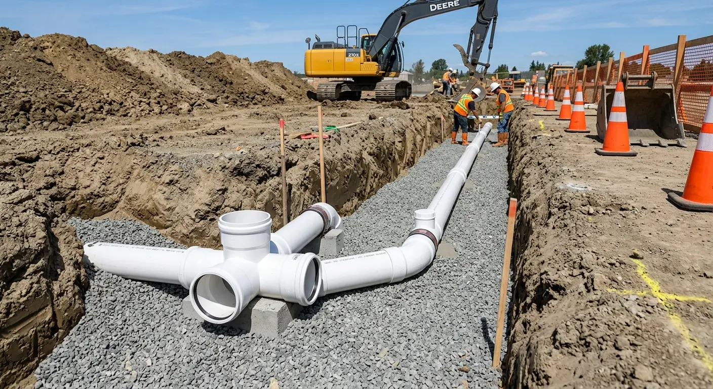 New PVC sewer pipe installation in open trench for Sewer Backup in South Bound Brook